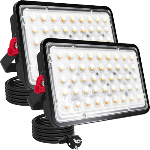 Indmird 2 Stück LED Strahler 100W Warmweiß, Led Strahler mit Stecker | Superhell 10000LM 3000K Led Scheiwerfer Flutlicht IP66 Wasserdicht led Außenstrahler für Innenhof Auffahrt Korridor Rasen