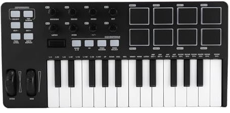 USB MIDI Keyboard Controller, 25 Key Portable Mini MIDI Keyboard with 8 Drum Pads, LED Display, Arpeggiator, Velocity Control, for Mac, PC, Phone