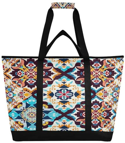 JUMBEAR Schöne große Kühltasche aus Keramikfliesen im mexikanischen Stil, isolierte Lebensmittel-Liefertasche, faltbare Lunchtasche, auslaufsichere Kühltasche, Tragetasche für Strand, Camping,