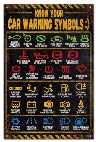 GLOBLELAND Car Warning Lights Metal Tin Sign Know Your Car Warning Warning Vintage Painting Tin Signs 12x8inch Retro Wall Art Plaque Poster for Home Office Bars Clubs Garage Car Lover Gifts