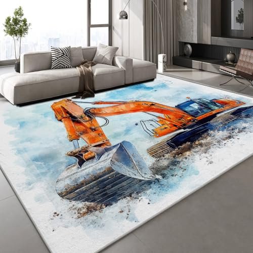 Flanell Teppich Wohnzimmer Bagger Baufahrzeug Muster Flauschig Weich rutschfest Aquarellmalerei Kunst Teppiche Fußmatte Living Room Deko Schlafzimmer Flur Läufer Indoor Carpet Spielteppich 60x90 cm