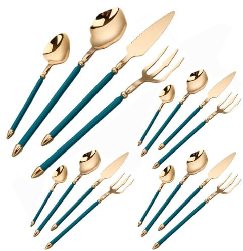 Ensemble de couverts de table, argenterie, manche en acier inoxydable, ensemble de couverts en acier inoxydable 16 pièces - Couverts verts et dorés pour la salle à manger, comprenant des cou