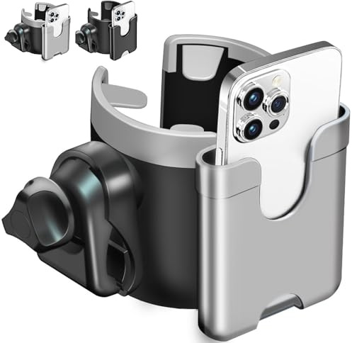 Tyuodna Universal Pram Cup Holder & Phone Holder 2-in-1,Cup Holder for Baby Bottles, Drink & Coffee Cups - Fits Strollers, Bikes, Scooters, Carts - 360° Rotatable Design for Easy Access (Black+Grey)