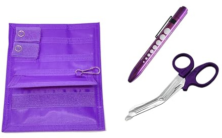EMI NK1 Nurse Organizer 3 Piece Kit - Pocket Organizer, 5.5 Shears, and Pupil Guage Penlight with Reusable Battery - Purple
