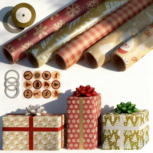 5 Rollen Weihnachtsgeschenkpapier, 3 Meter Geschenkpapier Weihnachten, Enthält Klebeband Und Verpackungsband, Für Geschenkboxen, Geschenkverpackungen Und Weihnachtsdekorationen