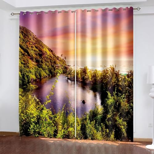 Aotiwe Tende vintage oscuranti per finestre, arancione, viola, verde, montagna, alberi, mare, paesaggio, poliestere, 2 pannelli, 172,7 x 160 cm