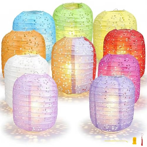 10Pack Paper Lanterns Chinese Lunar New Year Decorations 2026 Japanese Hanging Paper Lanterns with LED Lights Sticks Tassels 6.3Inch for Spring Festival Valentine's Day Wedding Asian Home Party Decor