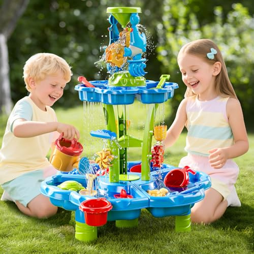 BLmukce 2-stufiger Blumen Sand- & Wassertisch für Kleinkinder 3-5 Jahre, Sensorik-Spieltisch für Kinder, Sommer Strand Planschspielzeug für Garten Hof, Wasser Sandkasten Spielset