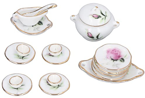 TOPINCN Juego de Tazas de té de Porcelana para Casa de Muñecas, Mini Accesorios de Cocina Decorativos Estilo Rosa con Textura Delicada, para Decoración en Miniatura de Casa de Muñecas