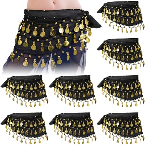 Cuffbow 8 Pcs Black Belly Dance Hip Scarf Bulk for Women Belly Dance Skirt Outfit 72 Coins Bling Chiffon Waist Chain Lightweight Costume Accessory for Group Performances Classes Theme Events Practice