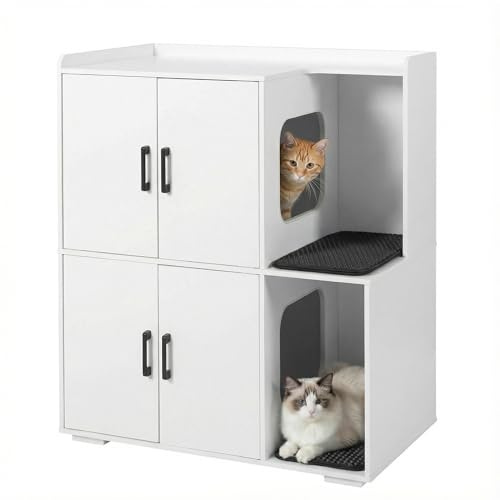 Hyaapwod Katzenklo Schrank, mit Zwei Katzenstreu-Matten, Weiß | Katzentoilette Schrank Zweistöckiger, Katzenklo Haus, Katzenhöhle Holz, für 2 Katzen, 80 x 46.5 x 91.5 cm