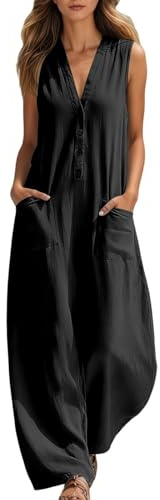 Salopette Larghe da Donna Senza Maniche Scollo a V Elegante Tuta Lunghi Tutina Jumpsuit Gamba Allentata con Tasche Tuta da Donna in Cotone e Lino Pantaloni Lunghi con Bottoni ideale per l'estate