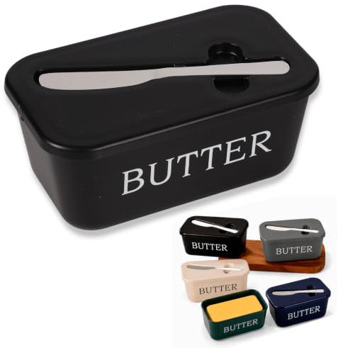 HOMAVEL Black Butter Dish, Butter Keeper with Lid and Knife Slot 16.8 x 9.8 x 7.3 cm, Reusable Plastic Fridge Storage Container for Kitchen Counter, Breakfast, Toast, Baking, Picnic and Meal Prep