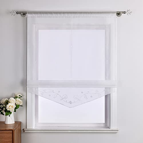 Yujiao Mao Voile Raffrollo Küche Gardine Mit Stickerei Bändchenrollo Mit Tunnelzug Transparent Raffgardine Weiß BxH 100x140cm 1 Stück | Raffgardine mit Tunnelzug, Bändchenrollo, Küchengardinen für Küche Wohnzimmer Schlafzimmer, Transparent, Stickerei, 1 Stück