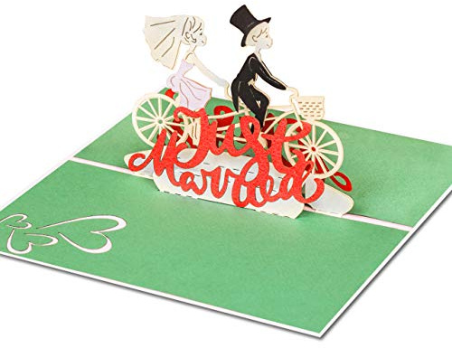 Liebevolle Hochzeitskarte Just Married - 3D Pop-Up Karte mit verliebtem Paar auf Fahrrad für Glückwünsche & Gratulation zur Hochzeit – hochwertige Glückwunschkarte als Hochzeitsgeschenk