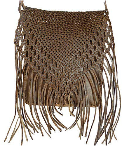 Simandra Leder-Tasche „Indian“ 30x25cm hellbraun • marokkanische Umhängetasche mit Fransen in Flecht-Optik • 100% Handarbeit & Rindsleder • Handtasche aufklappbarmit 2 Fächern