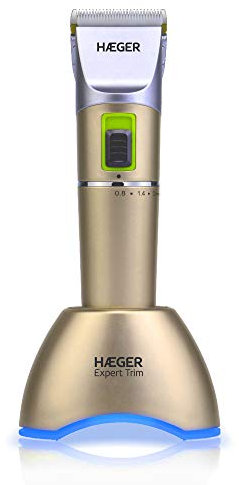 HAEGER EXPERT TRIM - Cortapelos Profesional, Recargable, con o sin cables, 2 velocidades, Base con luz LED azul, posición de carga giratoria 360º, batería de litio de alta capacidad y rendimiento