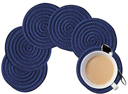 Gracelife 6pcs Cup Mat Pure Cotton Thread Weave Round Drink Hot Pads Mats Set Absorbent Scald-proof Drink Coasters (Royal blue)
