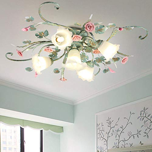 Tochange 4 Arms/5 Arms European Pastoral Floral Ceiling Lamp Romantic Rose Flush Mount Ceiling Light Bedroom Decoration Lighting Fixture for Living Room Dining Room,110-240V,5 Head