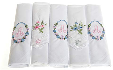 Surf the Shop Pack of 5 Ladies Initial Embroidered White Handkerchiefs with Satin Border and Matching Floral Handkies, Various Letters