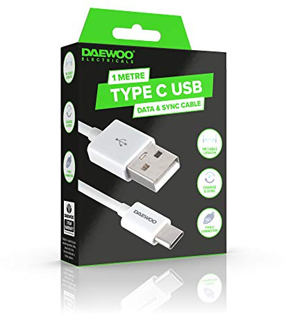 Daewoo Cable de Carga USB Tipo C de 1 Metro para conexión de Fecha y sincronización, Nivel de Potencia 5V 1A, Uso con Adaptador Compatible