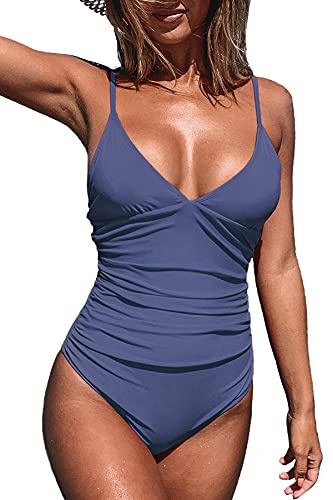 CUPSHE Damen Badeanzug Triangel V Ausschnitt Bauchweg Raffungen Einteilige | Verstellbare Spaghetti-Träger, weiche, abnehmbare Körbchen, bescheidener Badeanzug für Urlaub und Strand, Poolseite