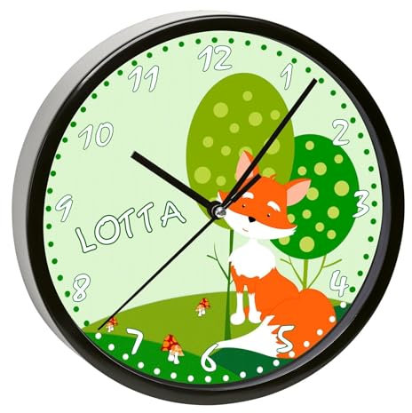 CreaDesign, Wanduhr Kinder personalisiert mit Name, Motiv Fuchs, Rahmen Wanduhr schwarz, Ø 19,5 cm