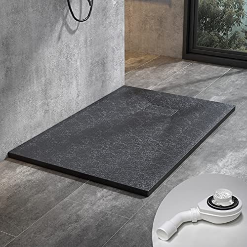 STEINHIRSCH Duschwanne 140x80 cm SMC Brausewanne Schwarz Steinoptik Duschtasse Extraflach Anti-Rutsch mit Ablaufgarnitur