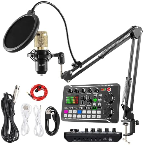 Podcast utrustningspaket, BM800 kondensatormikrofon med levande ljudkort | Podcast mikrofonpaket med röstväxlare och ljudmixer för PC Smartphone Studio inspelning och sändning