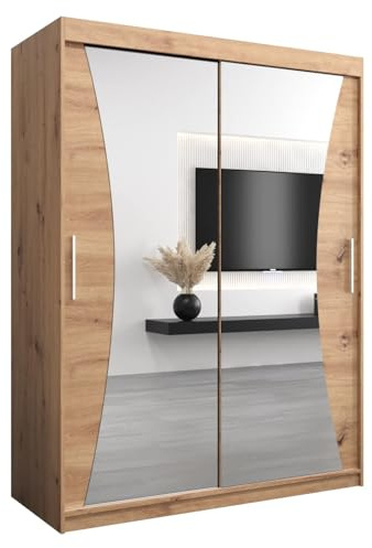 MEBLE KRYSPOL Kleiderschrank mit Spiegel Monaco - Garderobenschrank - Schrank Schlafzimmer - Mehrzweckschrank Zwei Schiebetüren - Regalen - Flur Möbel - Kleiderstange Schrank - Allzweckschrank