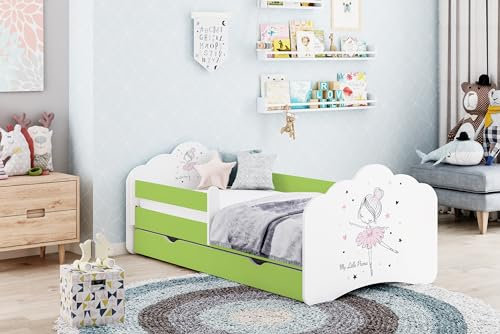 Happy Babies MOBI - Kinderbett 160 x 80 | Bett mit Rausfallschutz & Bettkasten | Jugendbett mit farbigem Aufkleber | Kinderbett mit Matratze 80x160 | Kinder-Bett für Mädchen & Jungen Grün (M27)