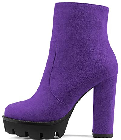 NobleOnly Donna Chunky Blocco Alto High Piattaforma Tacco Heel Rotonda Punta Stivaletti Cerniera Feste Classico Stivali Viola 35 EU