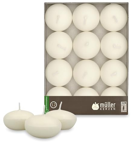 Müller KERZEN 12er-Set Dekorative Kerzen, 30 mm x 45 mm, Elfenbein Wachs, 4 Stunden Brenndauer, Duftfrei, Tropffreies Wachs, RAL Qualität