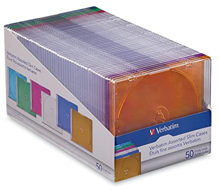Verbatim Custodie sottili per CD, DVD, Blu-Ray, 0,5 cm, colori assortiti, confezione da 50 (40 trasparenti, 10 colori) -71128