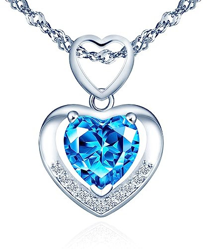 Yumilok Herz Kette Damen Halskette mit Anhänger Collier 925 Sterling Silber Zirkonia Doppel Herz Blau Kristall für Damen Muttertag mama