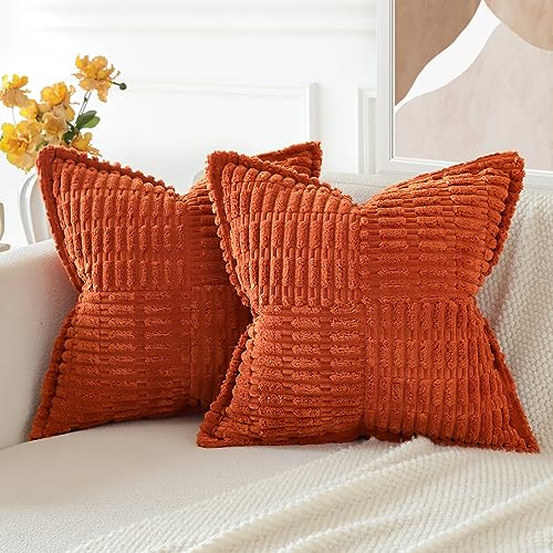JOTOM Set of 2 Corduroy Soft Cushion Covers with Splicing 45x45 cm Striped Decorative Throw Pillow Covers Square Cushion Case Home Boho Decor Pillow Cases for Couch Sofa Bed 18x18 Inch (Rust)