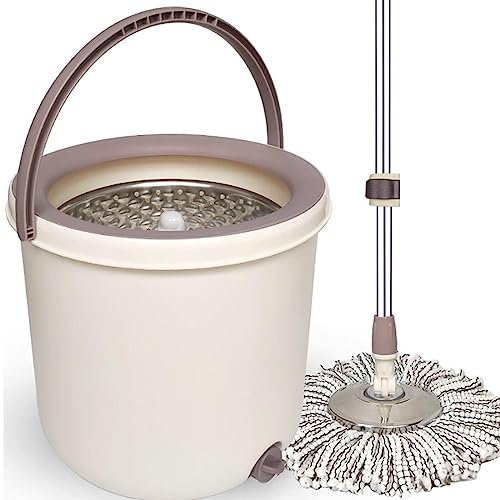 AMNOOL Fregona Giratoria y Cubeta con Juego de Escurridor y 5 Repuestos de Microfibra para Fregona - Fregonas para Limpieza de Pisos de Madera Dura, Laminados y Baldosas,Beige