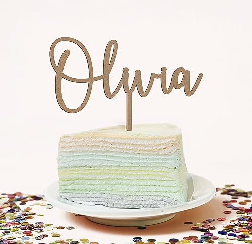 Cake Topper Personalizado en Madera y Metacrilato con Nombre para Tartas Cumpleaños Eventos Decoracion Cupcake Comunion Regalo Boda Aniversario (Madera)