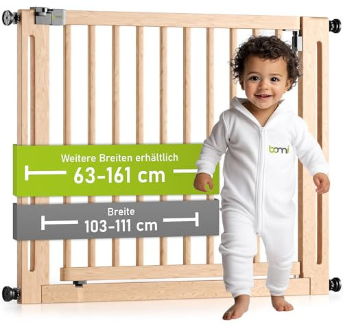 BOMI Schutzgitter Treppe Miko PEFC geprüftes Buchenholz | Ohne Bohren | 90° Stop |Türschutzgitter aus Holz | Treppenschutzgitter Türgitter Klemmgitter | Breite: 103-111 cm
