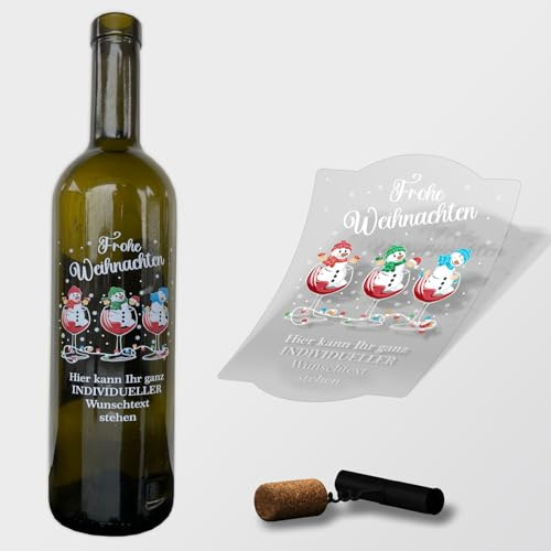 Weihnachten Flaschenetiketten personalisiert mit Wunschtext - 4 Stück 85x130mm- transparente Aufkleber für Geschenk - weihnachtliche Flaschen Aufkleber (Motiv Schneemänner)