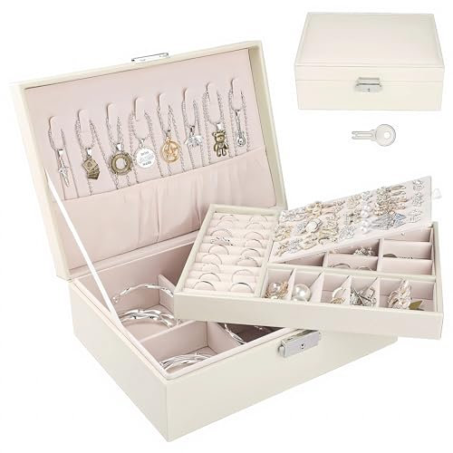XPOOP Scatola Portagioie per Donna, Porta Gioielli Donna 2 Strati Grande Portagioie, Organizzatore di Gioielli in Pelle con Chiave per Anelli, Orecchini, Bracciali, Collane Orologi e Chiave