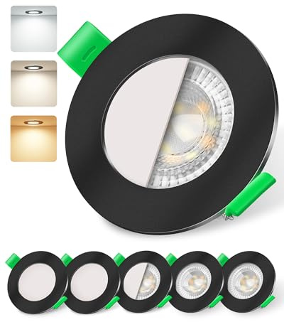 ALUSSO LED Einbaustrahler 230V Dimmbar | 68–75 mm IP44 6W 540lm, 3000K Warmweiß 4000K Neutralweiß 6500K Kaltweiß für Badezimmer Küche, Höhe 2,5 cm, Schwarz, 6er Set