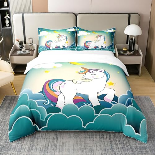 Homewish Coton, Housse de Couette Licorne 220x240, Ensemble de Literie Kawaii Cheval Rêveur Arc-en-Ciel, Parure de Lit Cheval Fantaisie Licorne, Literie Galaxie Étoiles Nuages, Sarcelle