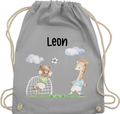 Turnbeutel Rucksack - Fußball Kinder mit Tieren und Namen Fußballmotiv - Unisize - Hellgrau - beutel fussball geschenke+für+fußballfans stoffbeutel schulanfang sportbeutel fußballfan