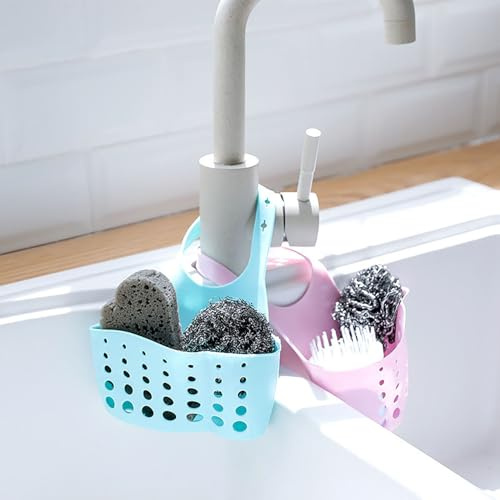 Wobestod 2 pezzi Supporto per spugna da cucina Organizzatore per lavello da cucina regolabile Cesto da appendere per spugna, spazzola, tappo per lavello (Blu)