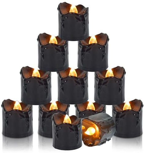 12 Pièces LED Bougies,Bougies chauffe-plat LED,Bougies LED Flamme Vacillante Lumière,Chandelles clignotantes lampe,Bougies LED Sans Flamme,CR2032 piles Bougies Unscented Bougie chauffe-plat (Black)