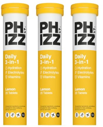 Phizz Electrolytes, Multivitamines & Comprimés d'hydratation - 60 comprimés de réhydratation effervescents - 18 vitamines et minéraux, vitamine C, végane, végétarien et hypocalorique (Citron)