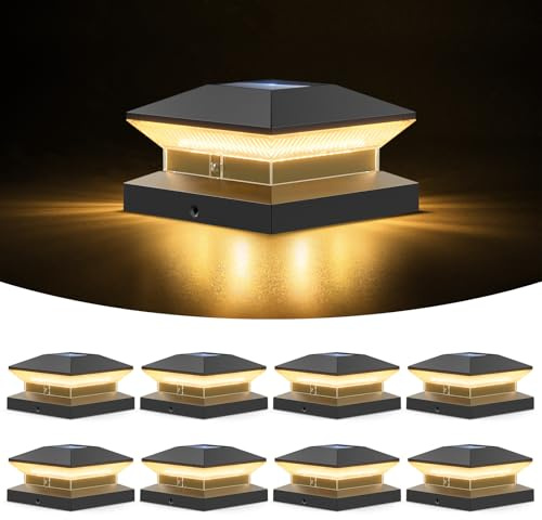LETMY Solar Post Cap Lights Outdoor, 8 Pack 40 LEDs Fence Post Solar Lights Outdoor Waterproof, 3 Color Modes Deck Cap Light Solar Powered for 4x4, 5x5 or 6x6 Vinyl Wooden Posts (Black)