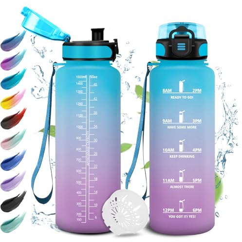 Trinkflasche Sport 1.5L, Auslaufsicher Wasserflasche Kohlensäure Geeignet, Trinkflasche mit Zeitmarkierung, Wasserflasche mit Filter, Sportflasche für Oudoor, Sprudel, Camping, Fahrrad, Fitness