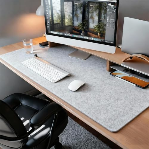 Schreibtischunterlage Filz,Rutschfeste Tischunterlage Schreibtisch,Große Desk Matte,Mauspad Schreibunterlage für Büro und Zuhause (Hellgrau, 90x40cm)